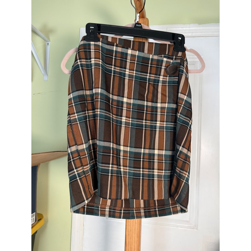 The Korner Plaid Faux Wrap Mini Skirt Brown Teal Button Front Size 8
